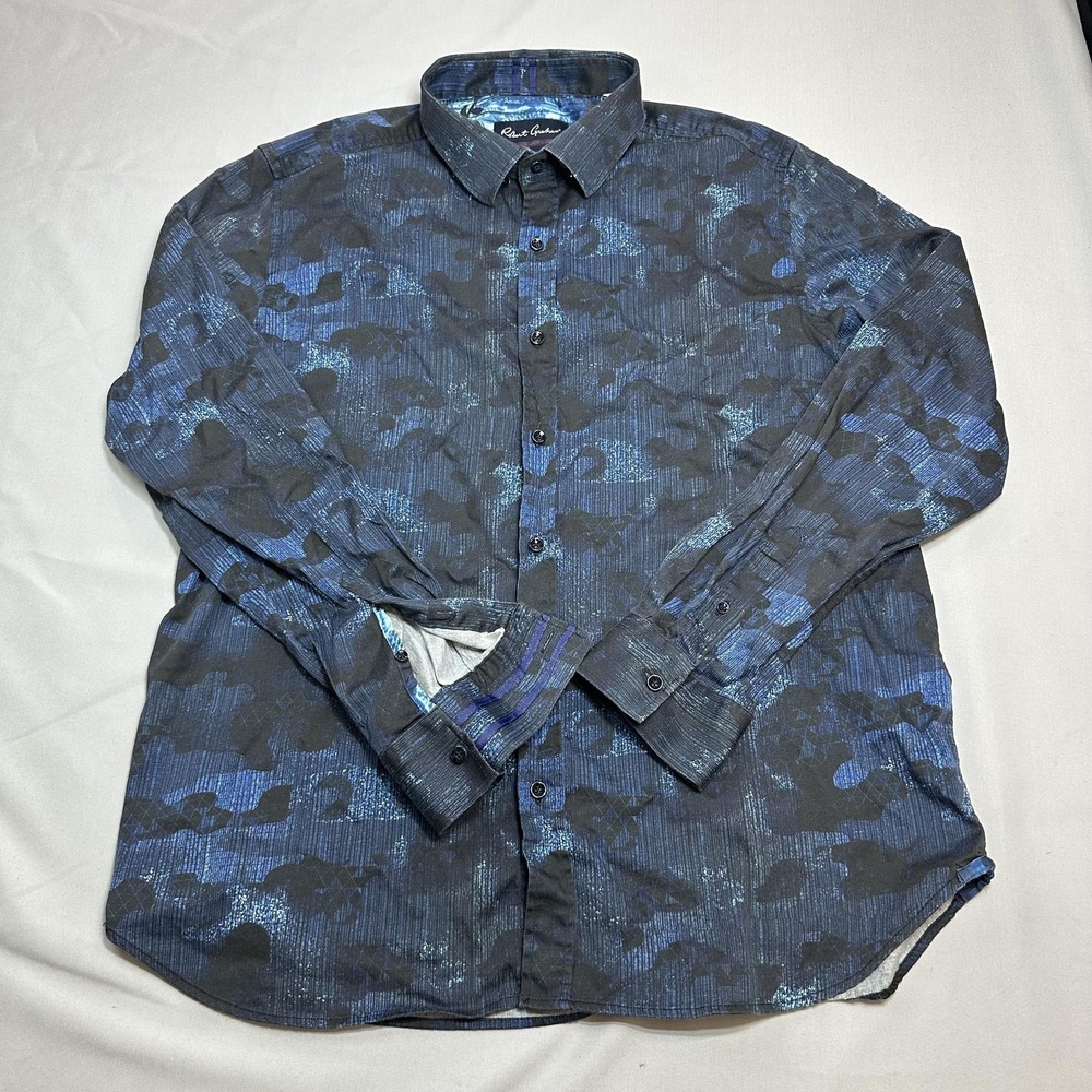 Robert Graham Modern Americana Shirt Mens 2XL Blue Camo Casual Stretch Evening